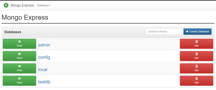 Home page of Mongo Express